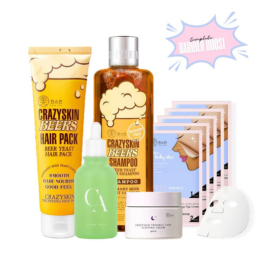 [CRAZYSKIN] Complete Barrier Boost Bundle - Korean Skincare & Haircare Set with Beer Yeast Shampoo, Hair Pack, Night Cream, Ampoule, and Face Masks for Barrier Repair and Hydration