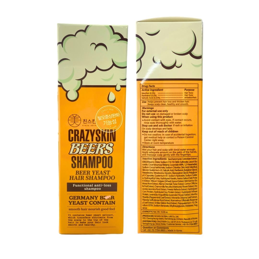 [CRAZYSKIN] German Beers Yeast Biotin Shampoo for Hard water, Anti-hair loss, and Thickening, Gentle Exfoliating & Scalp Function with Panthenol, Collagen and Free-Sulfate, Chemical, 300ml(10.15oz)