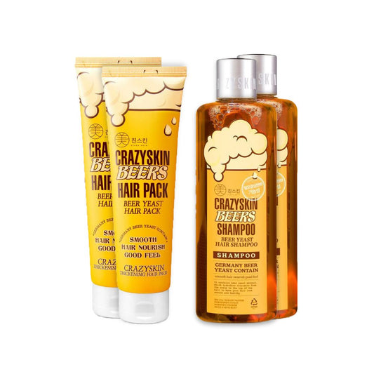 [CRAZYSKIN] Double Beer Yeast Hair Care Bundle - German Beer Yeast Biotin Shampoo & Hair Treatment Set for Anti Hair Loss & Hair Regrowth, Shiny Curl Care Set (2 of each)